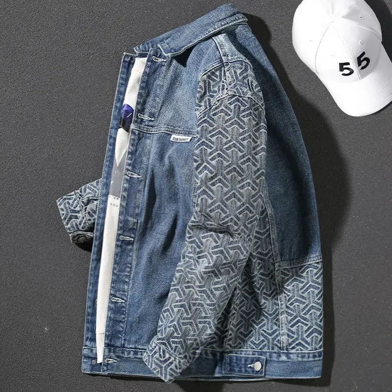 Denim jacket with patterned sleeves