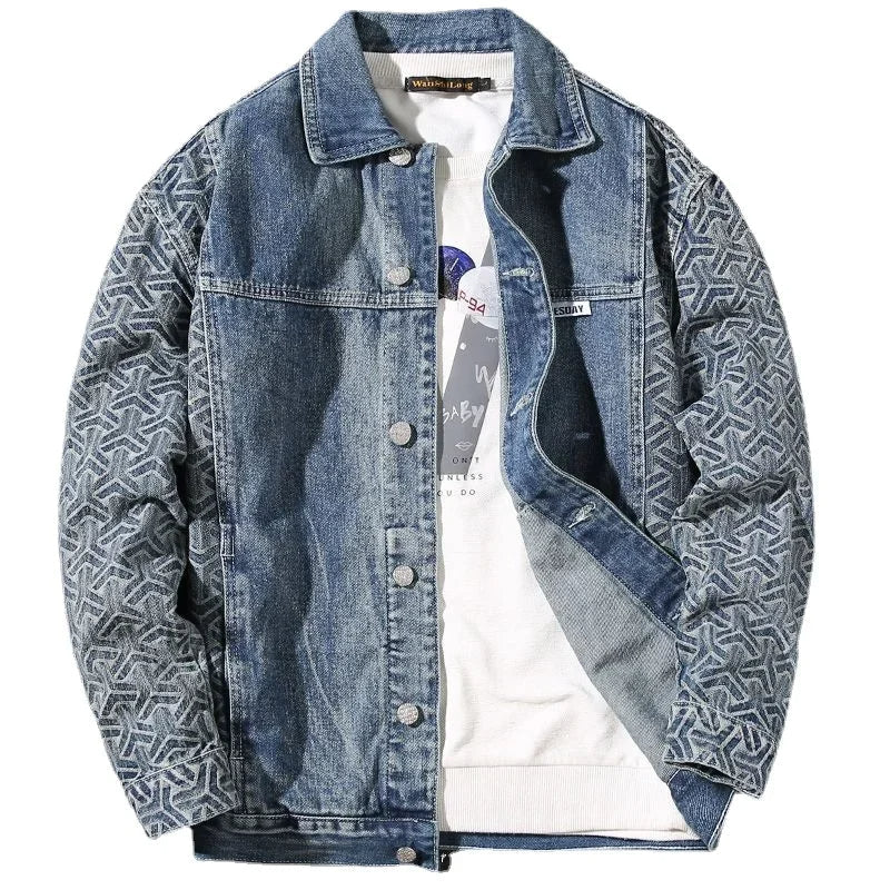 Denim jacket with patterned sleeves