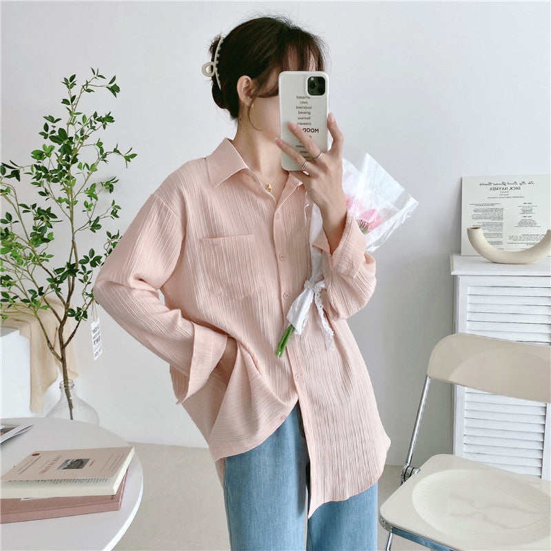 Simple long-sleeved blouse with polo collar