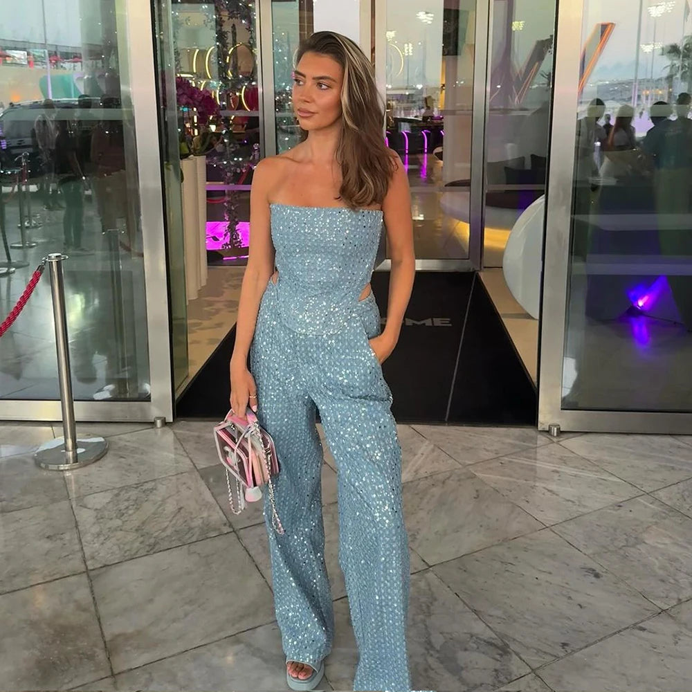 Strapless jumpsuit with sequins