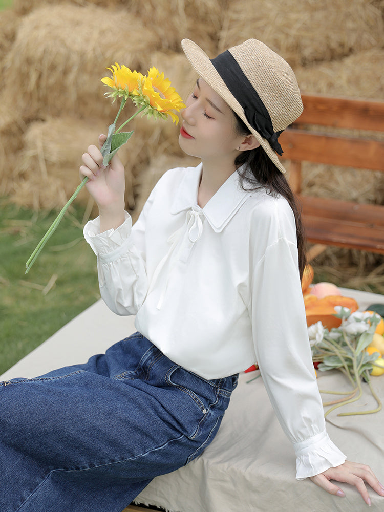 Chic Blouse Literary White Long Sleeve Shirt Women