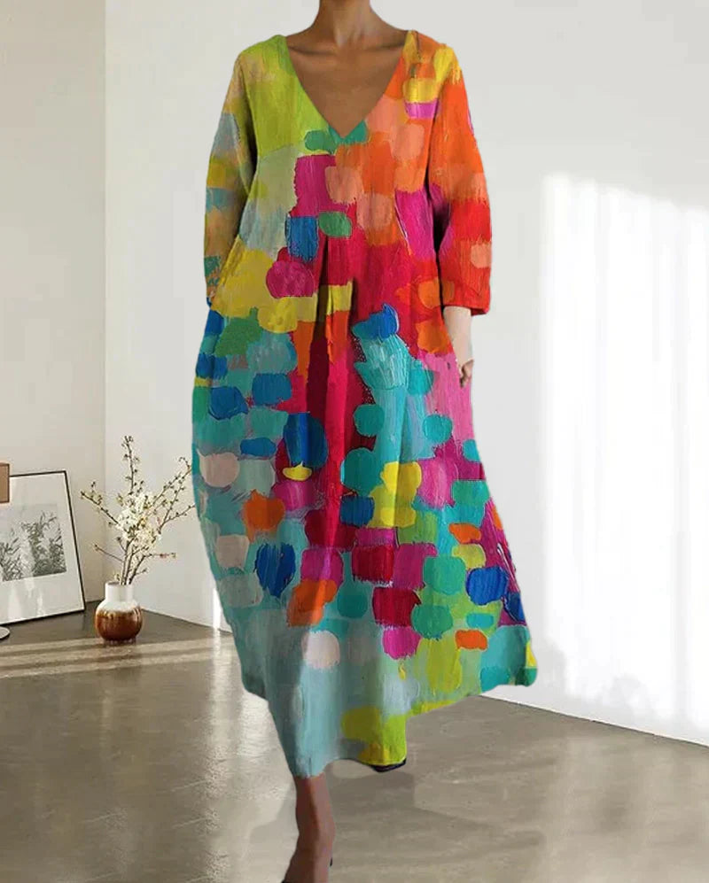 Colourful printed dress with V-neckline