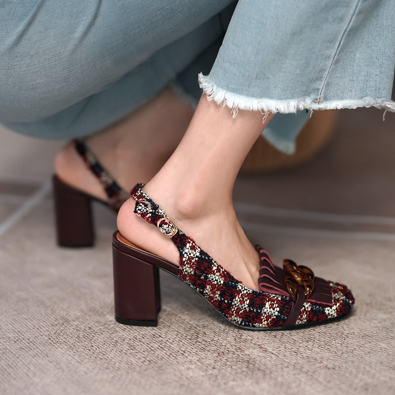 Shallow Plaid Fabric Head Tassel Sandals