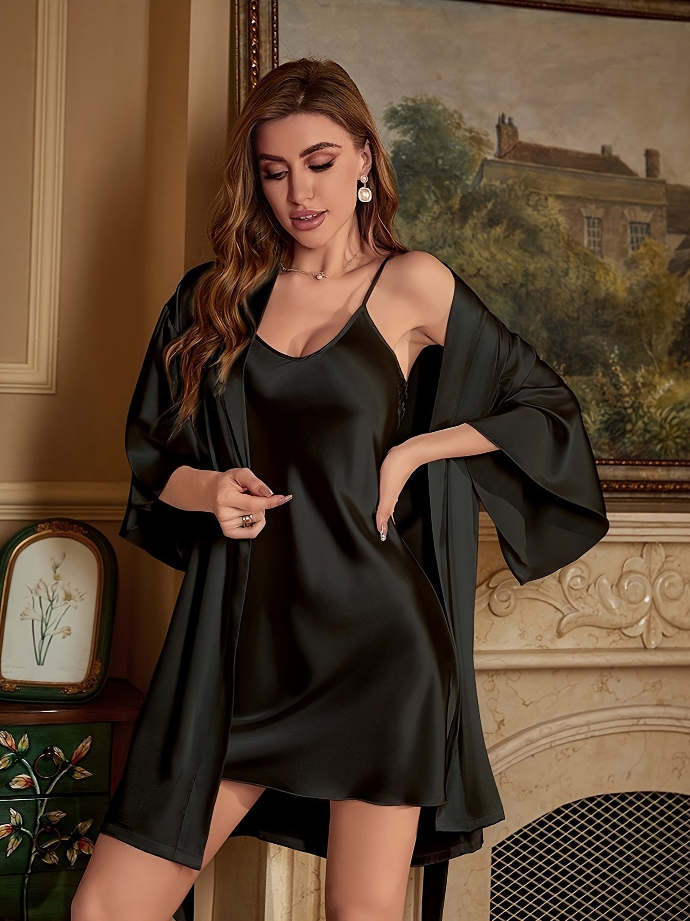 Women's - Satin nightgown & dressing gown set - Elegant design for stylish nights - Nightwear