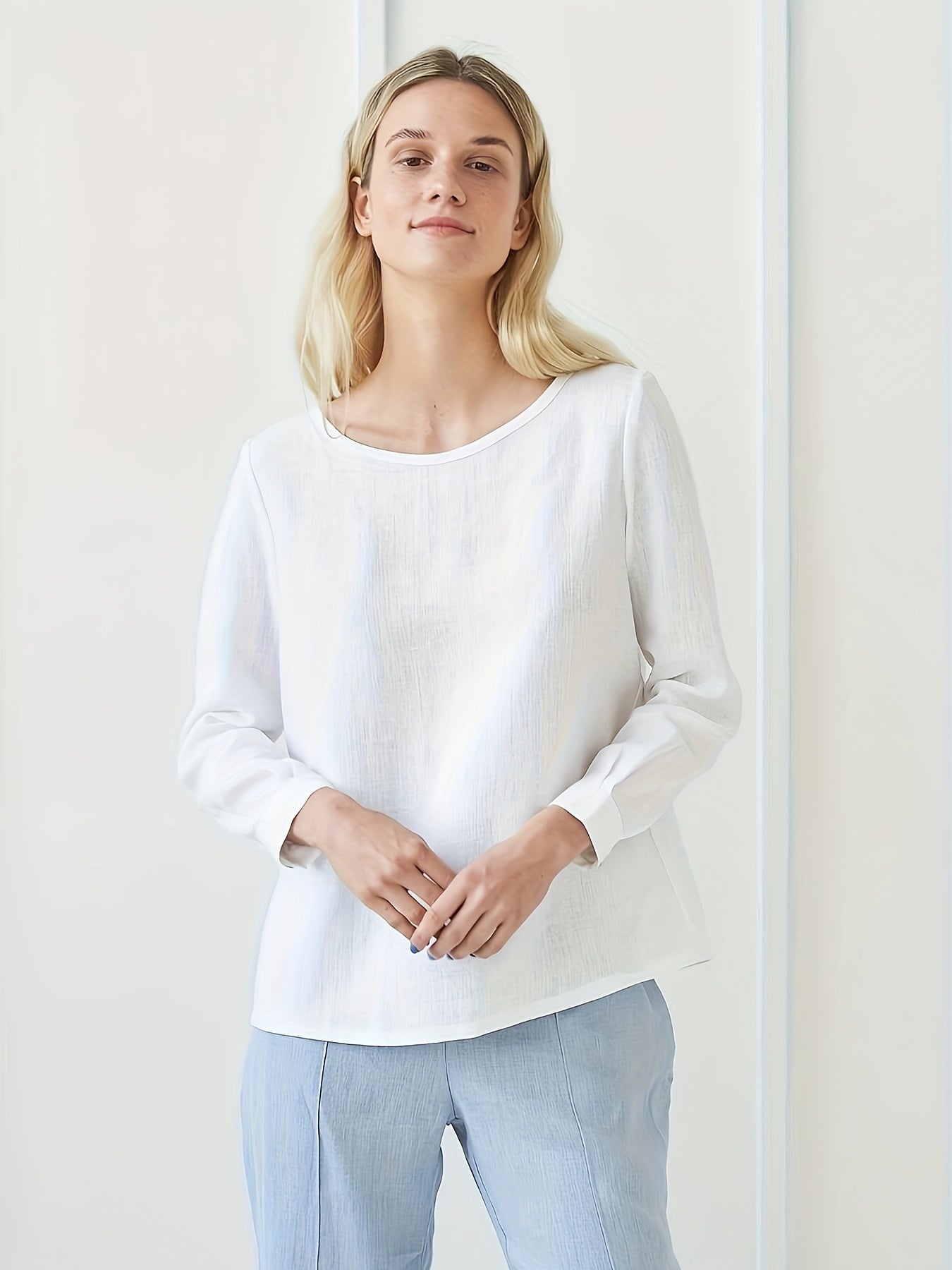 Women’s - Linen Blouse - Casual Long-Sleeved Shirt with Button Placket - Comfortable Everyday Style