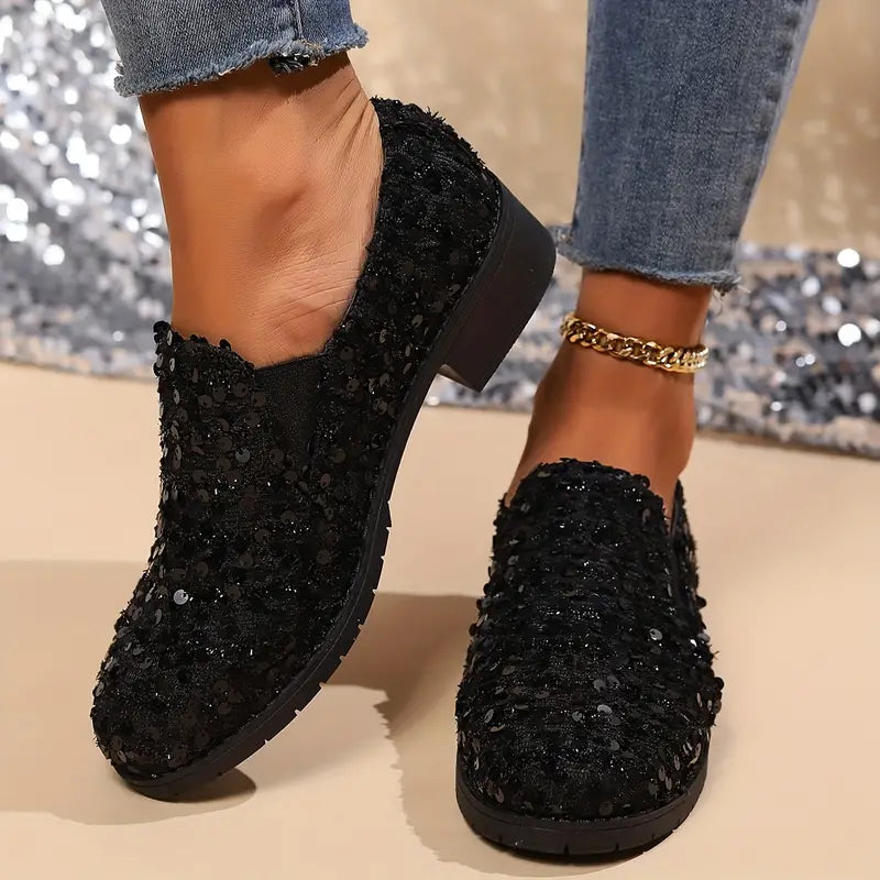 Women - Loafers - Sequined Design - Chunky Heel Fashion Shoes