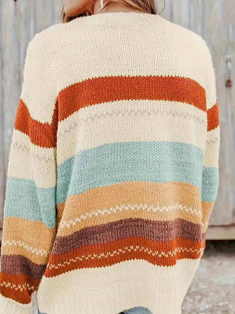 Knitted, striped jumper with round neckline