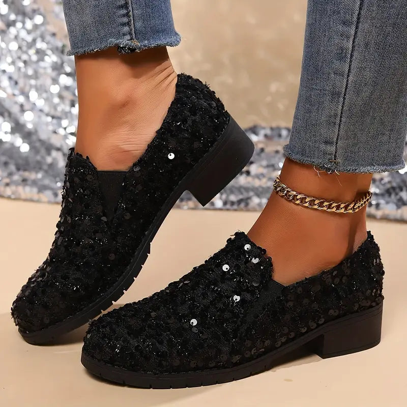 Women - Loafers - Sequined Design - Chunky Heel Fashion Shoes