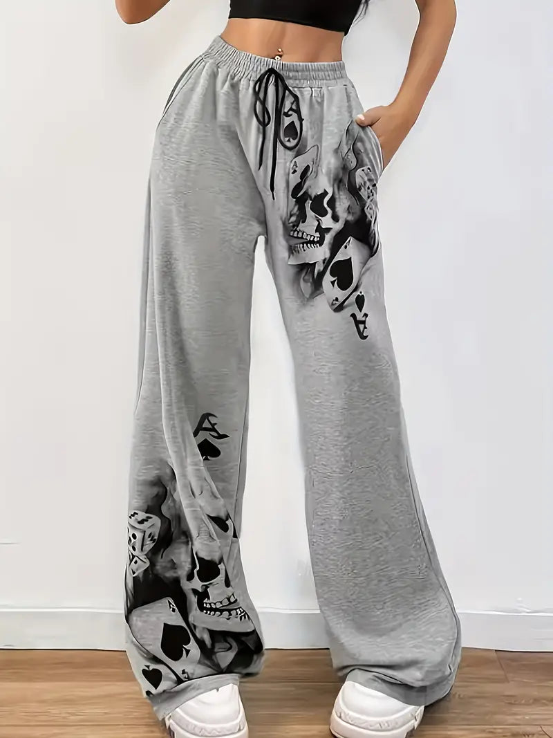 Women - Wide Trousers - Smoke Print with Drawstring - Comfortable and Stylish Everyday Wear