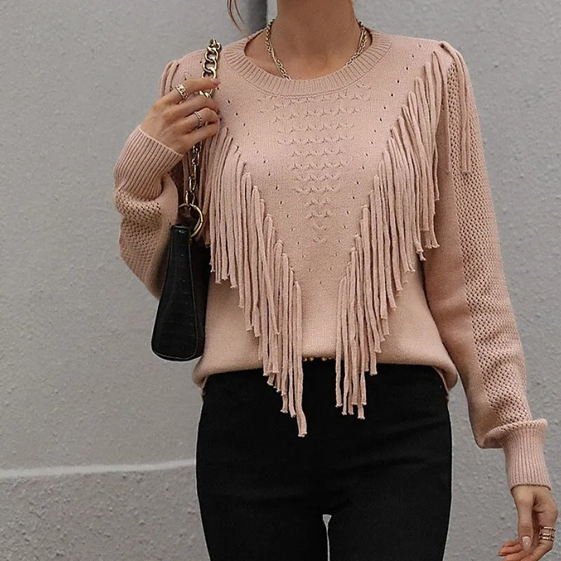 Women - Wide Jumper - Cozy Knit with Fringes - Stylish Fall Sweater