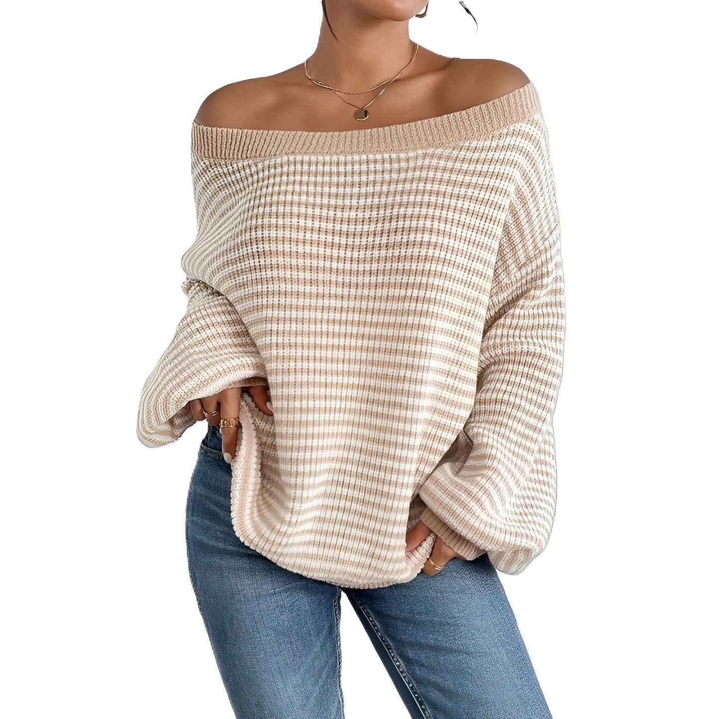 Women - Off-the-Shoulder Jumper - Striped Knit Fabric - Casual Stylish Sweater for Effortless Style