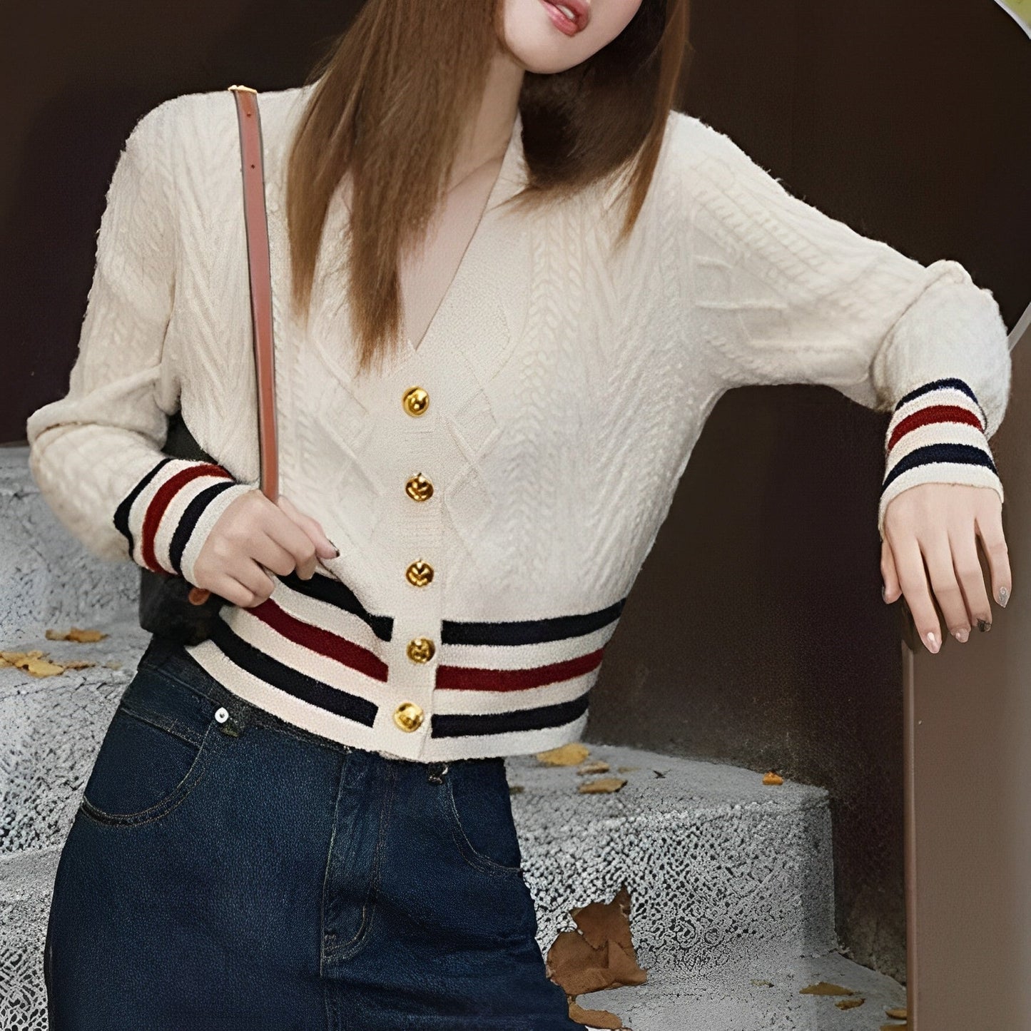 Women - Jumper - Cozy Knitwear with Stylish Pattern and Buttons - Elegant Fashion Piece