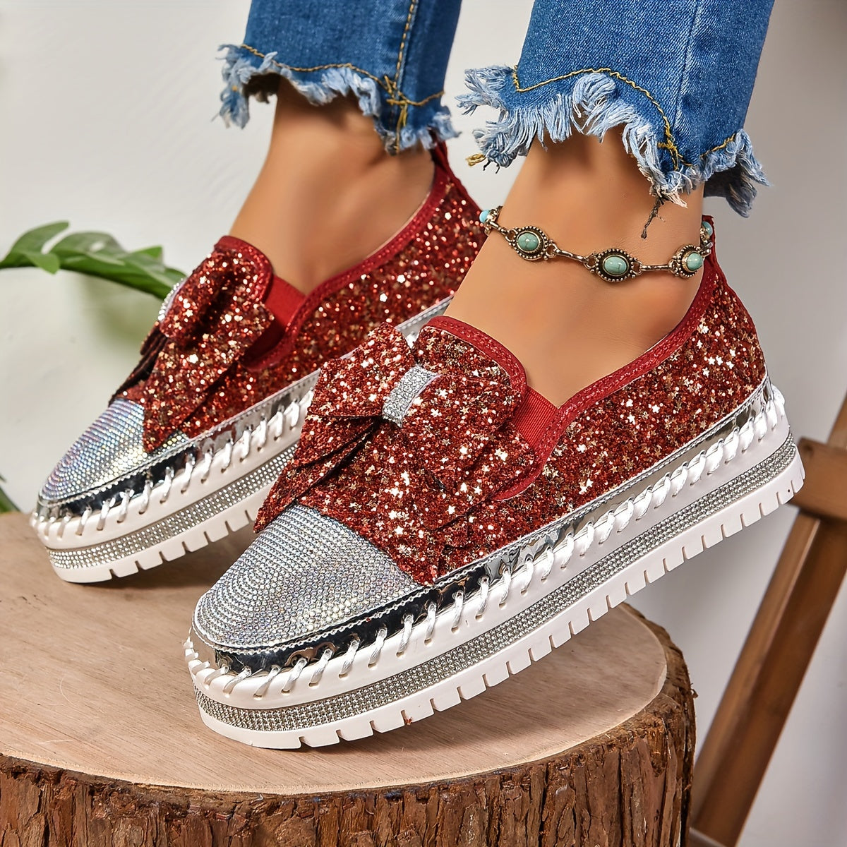 Women's - Slip-On Loafers - Glittery Platform Shoes with Bow - Stylish Comfort for Every Occasion