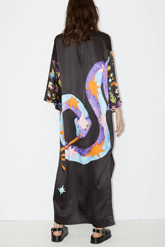 Unique print, slit, relaxed maxi dress