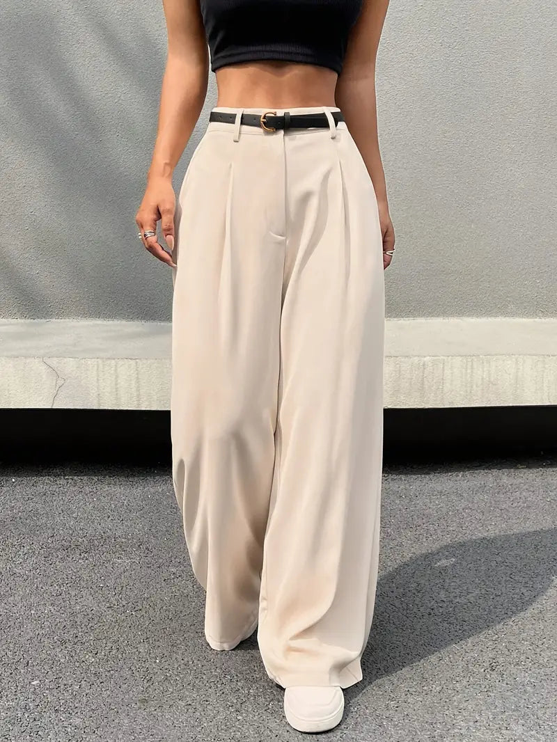 Women - Wide-Leg Trousers - High-Waisted Pleated Design - Stylish and Comfortable Pants