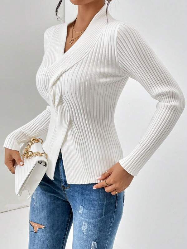 Women - Jumper - Ribbed Knit - White Casual Sweater