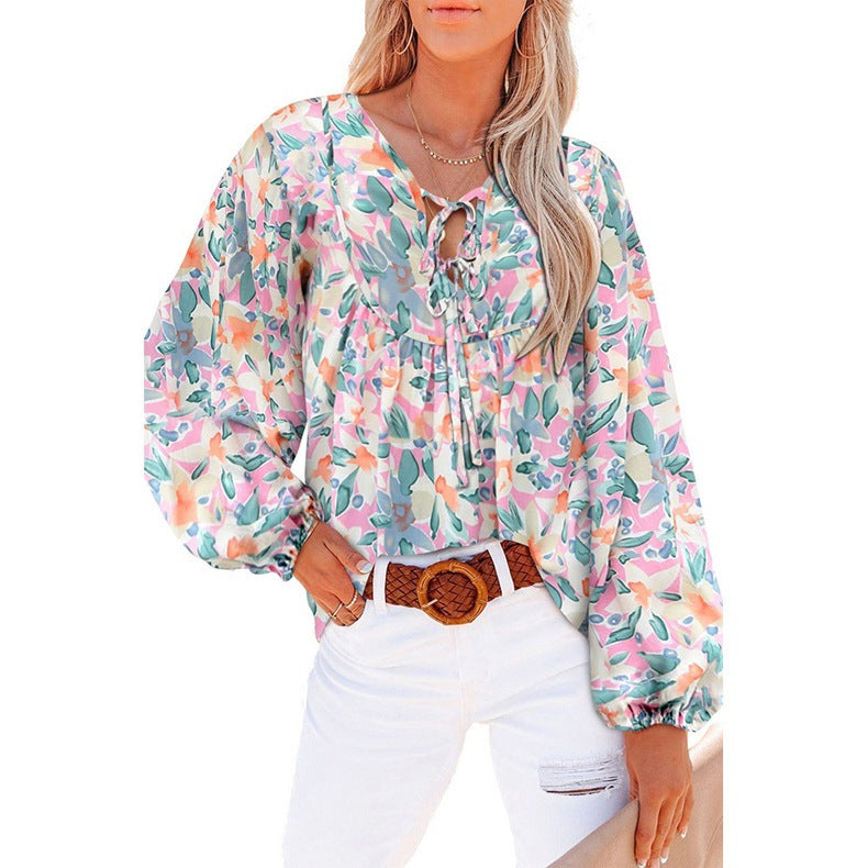 Women's Floral Ruffle Blouse Tie V-Neck Top