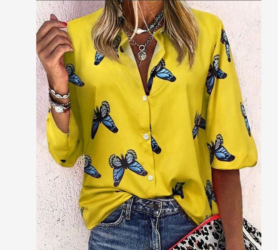 Trendy New Butterfly Print Lapel Blouse Fashion