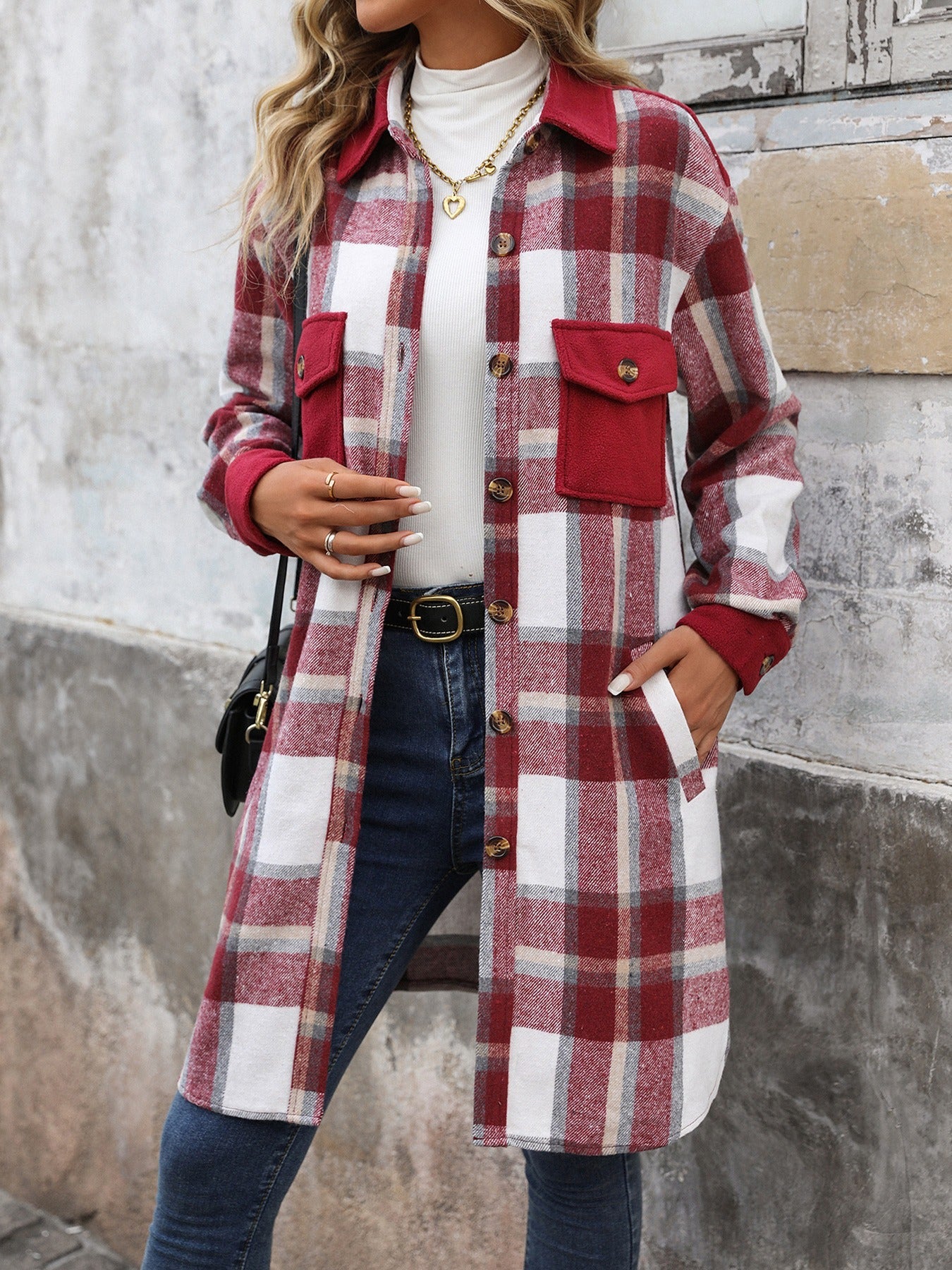 Women - Long Jacket - Checked Design with Pockets - Casual Everyday Outerwear