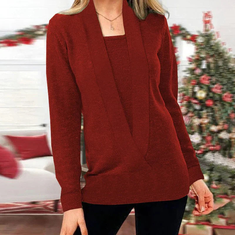 Women - V-neck Knitted Sweater - Comfortable Fake Two-piece - Versatile Style for Any Occasion