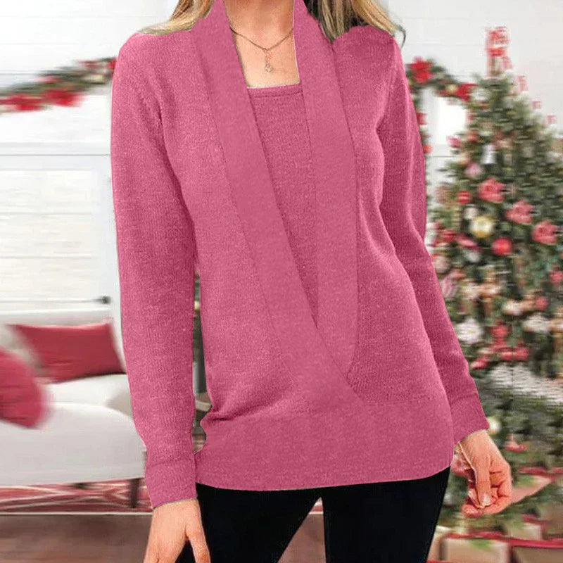 Women - V-neck Knitted Sweater - Comfortable Fake Two-piece - Versatile Style for Any Occasion