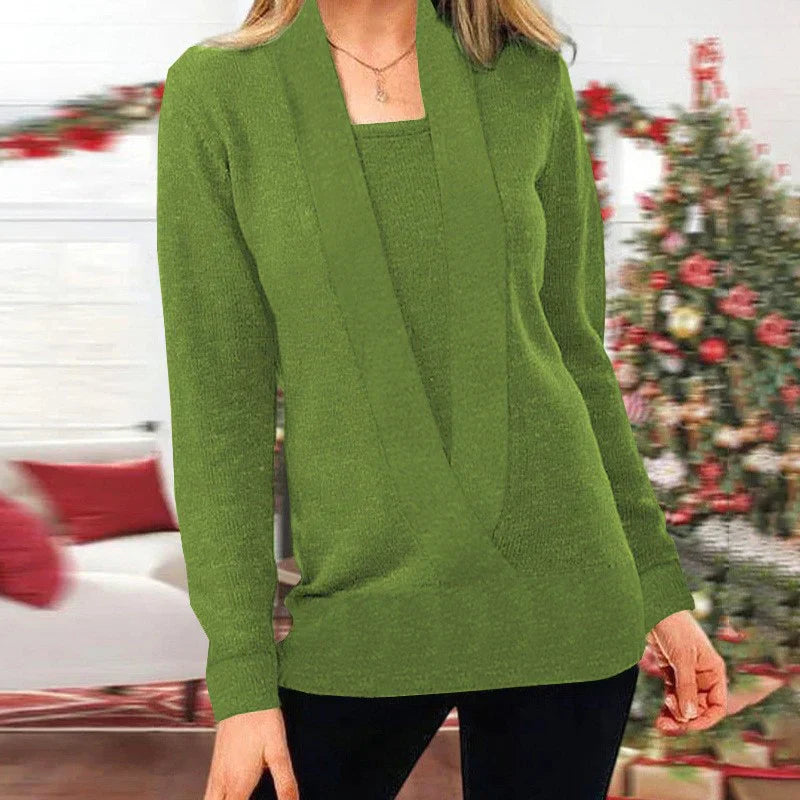 Women - V-neck Knitted Sweater - Comfortable Fake Two-piece - Versatile Style for Any Occasion