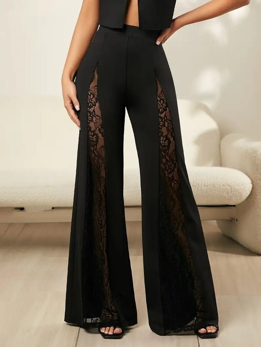 Women - Flared Trousers - Lace Trim Detail - Stylish Women's Fashion Trousers