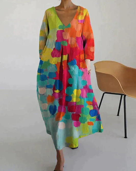 Colourful printed dress with V-neckline