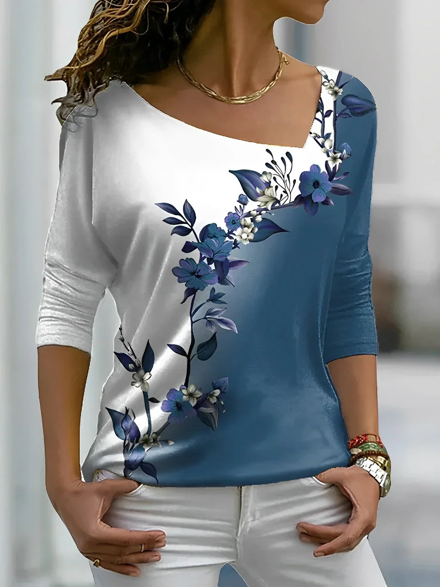 Women - Long-Sleeved Floral Shirt - Soft Cotton - Elegant Floral Design for Stylish Comfort