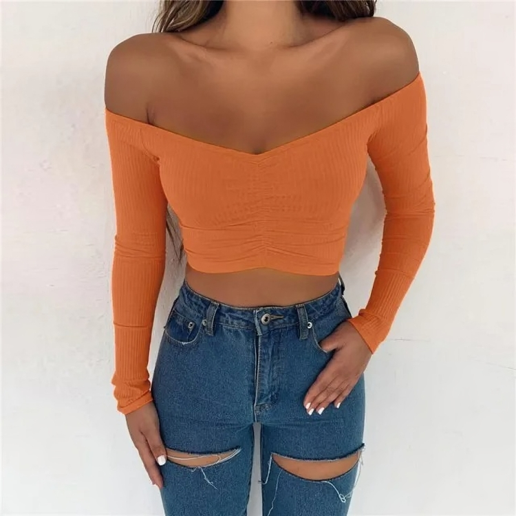 Sexy off-shoulder cut-off long sleeve for women