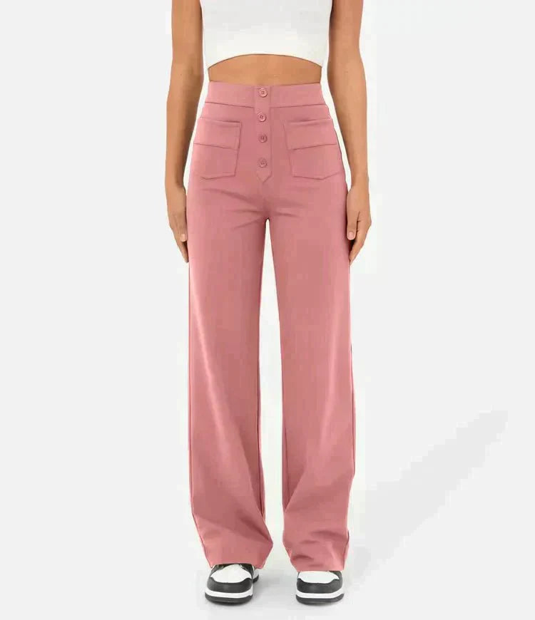 Elasticated high-waisted casual trousers for women