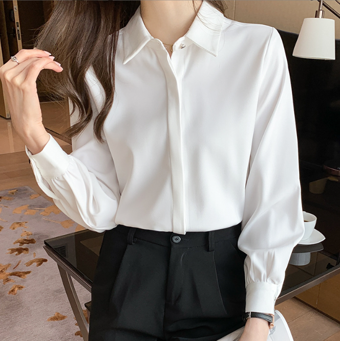 Elegant stand-up collar blouse with concealed button placket