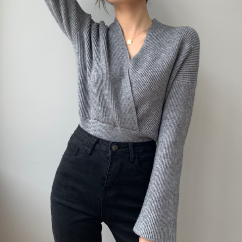 Crossed V-Neck Wrap Knitted Sweater