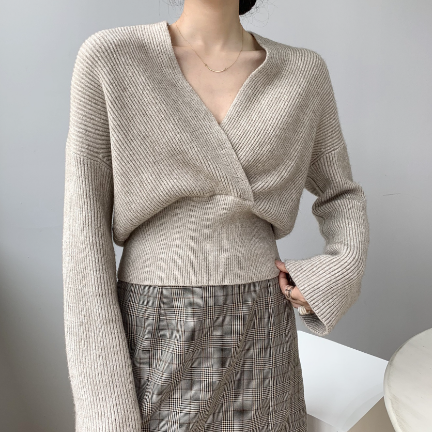 Crossed V-Neck Wrap Knitted Sweater