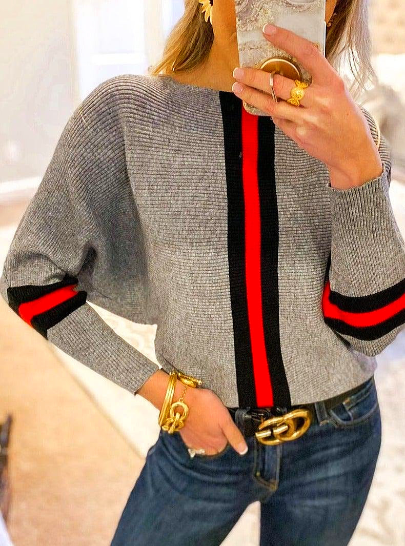 Women - Striped Jumper - Grey and Red - Cozy Casual Knitwear