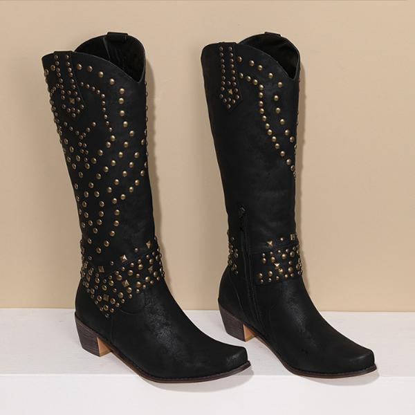 High boots with metal studs and cobby heel