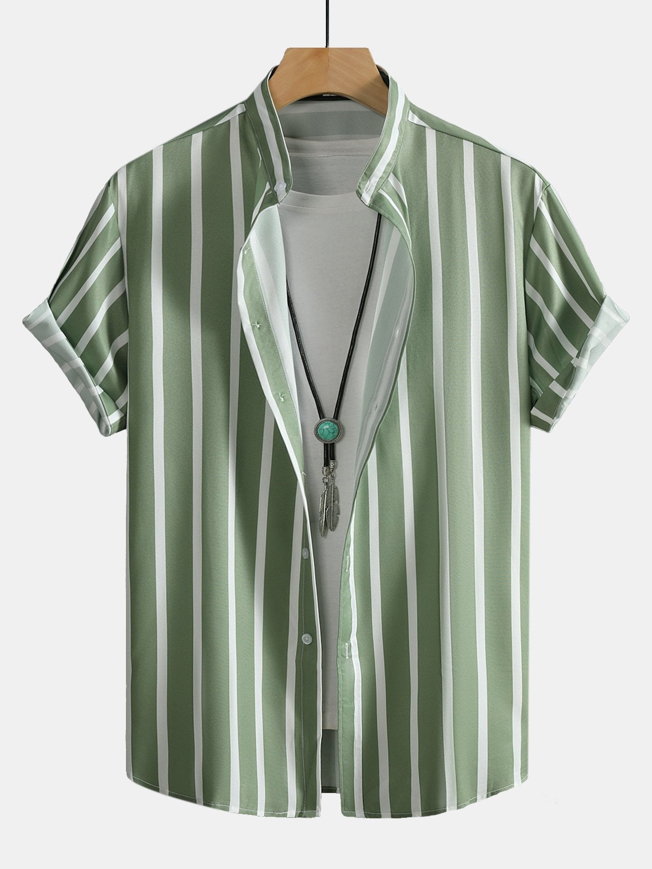 Striped Button Up Stand Collar Shirt & Man Mid Length Drawstring Swim Shorts