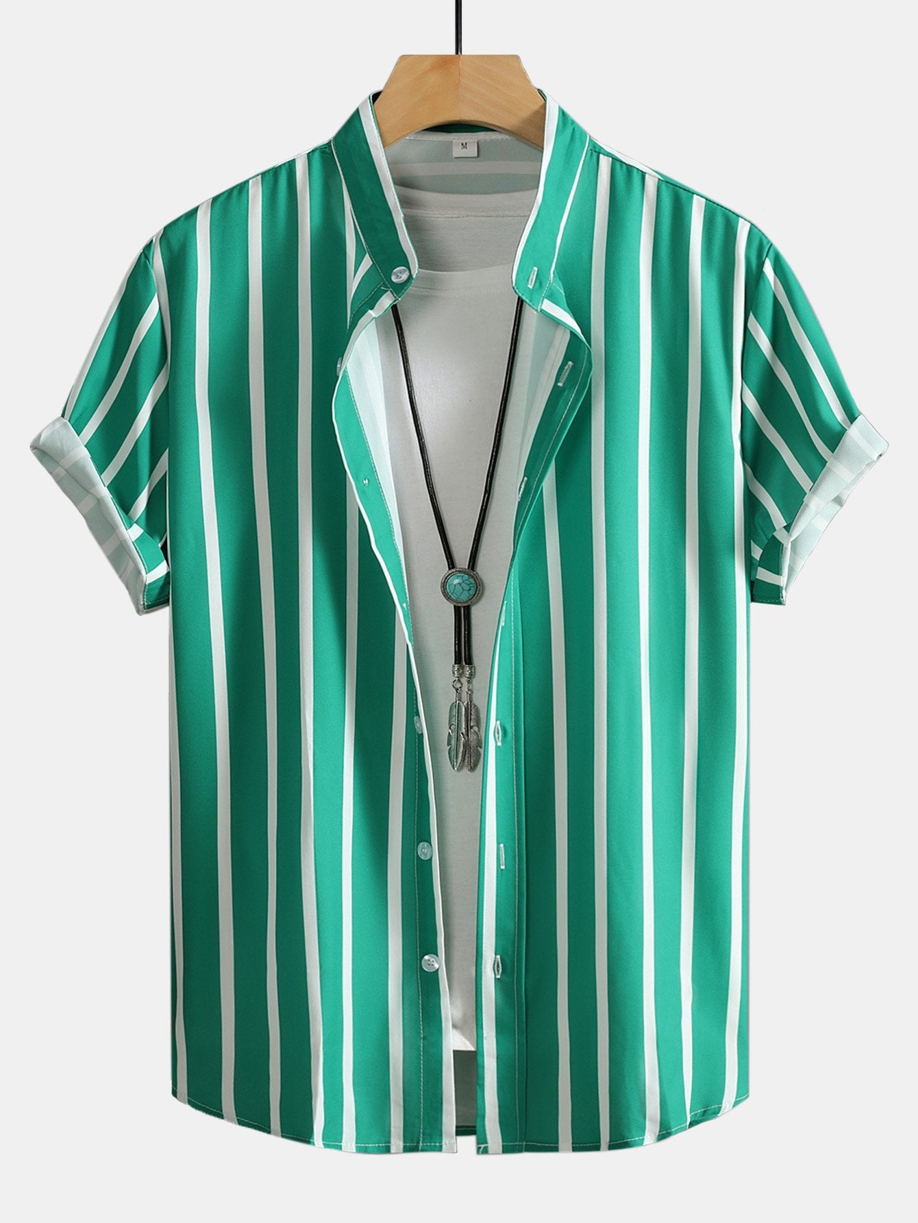 Striped Button Up Stand Collar Shirt & Man Mid Length Drawstring Swim Shorts