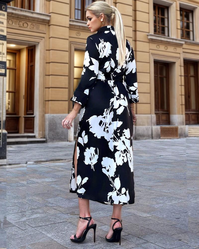 Black and white print draped shirt midi dress