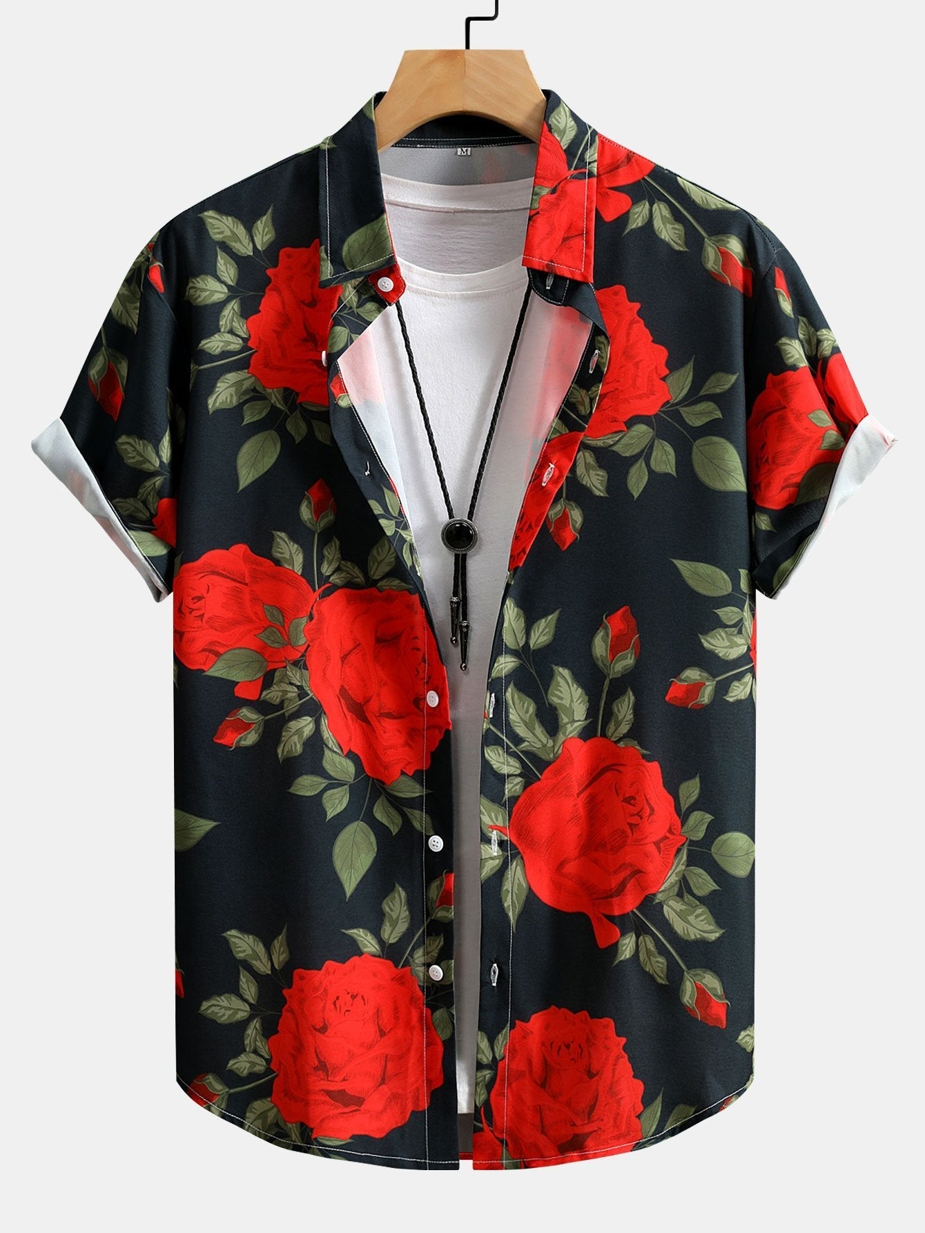 Red Rose Print Button Up Shirt & Swim Shorts