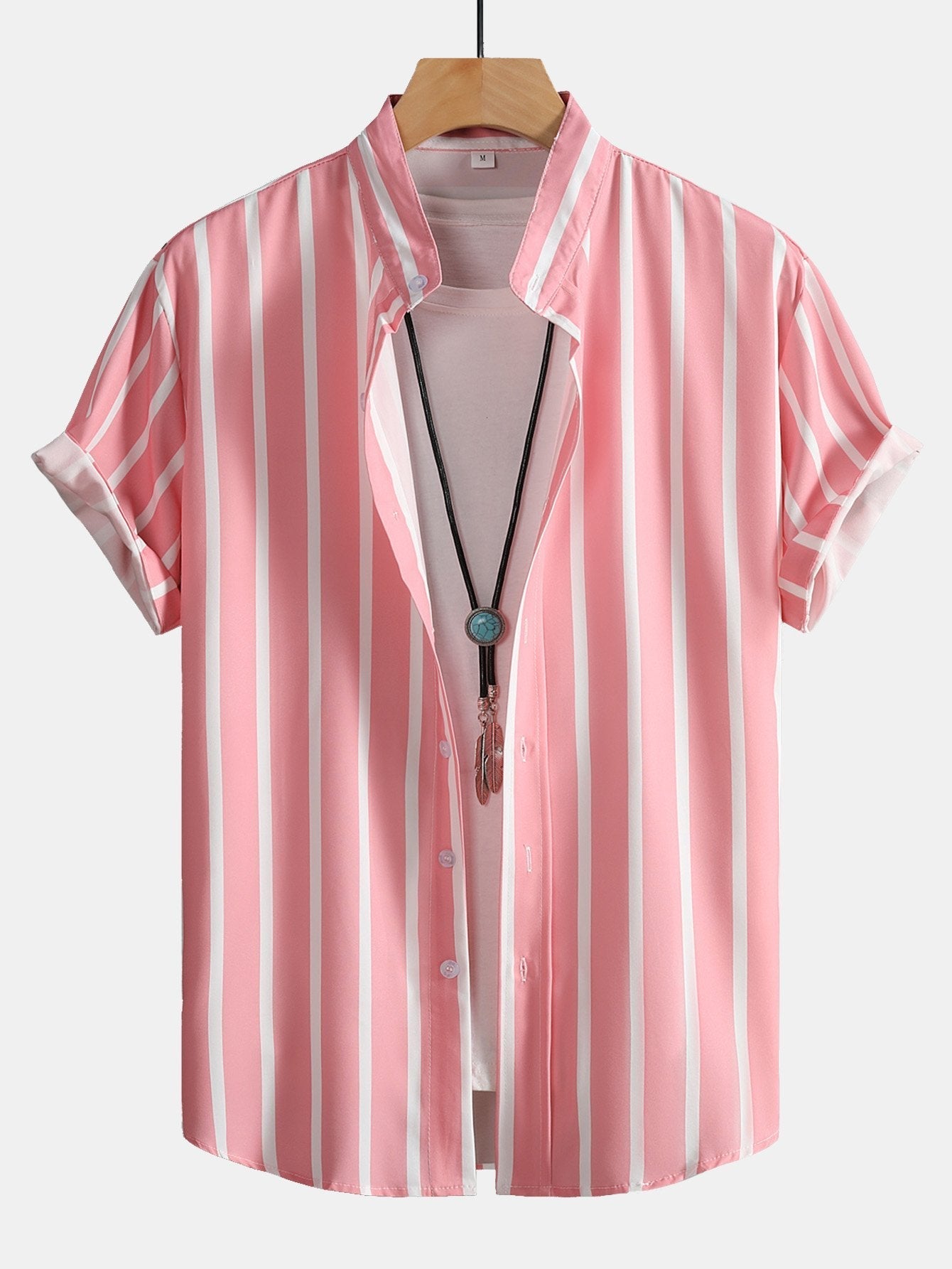 Striped Button Up Stand Collar Shirt & Man Mid Length Drawstring Swim Shorts