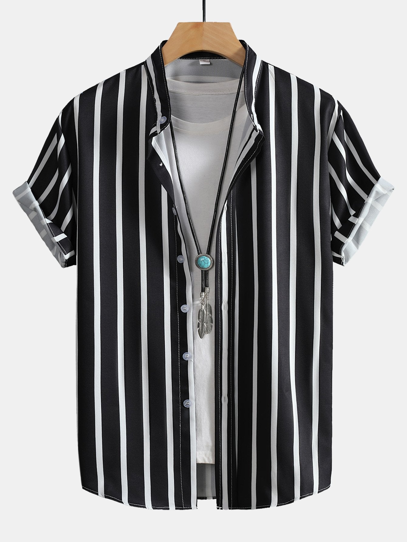 Striped Button Up Stand Collar Shirt & Man Mid Length Drawstring Swim Shorts