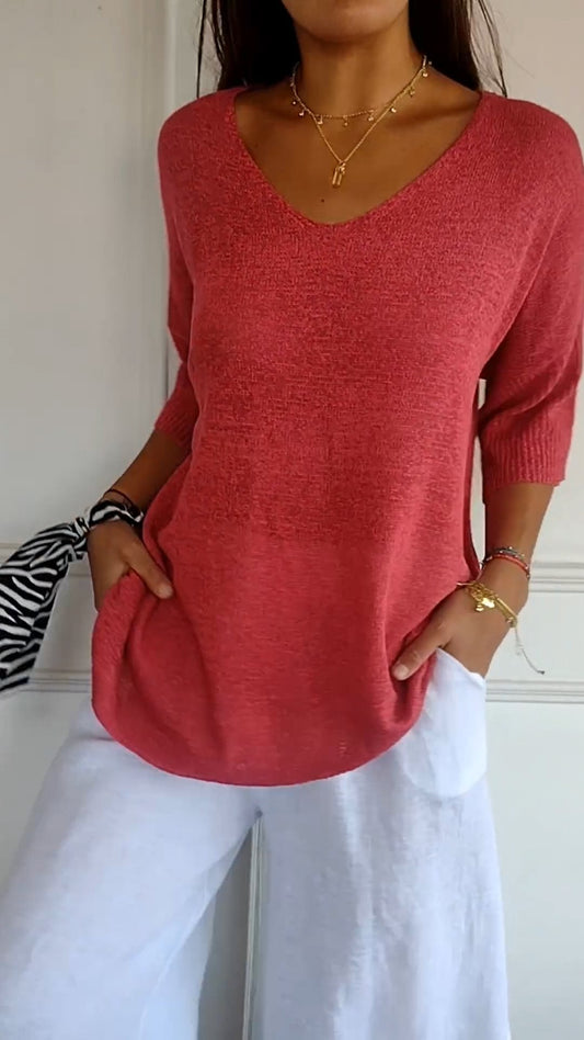 Knitted top with V-neckline