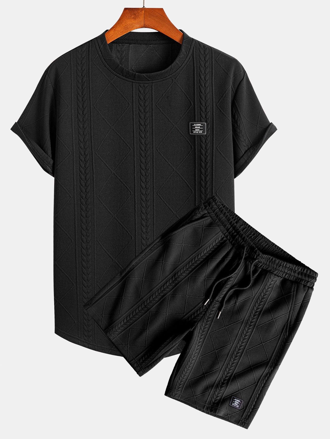 Short Sleeve Geometric Jacquard Arc Hem T-Shirt & Shorts