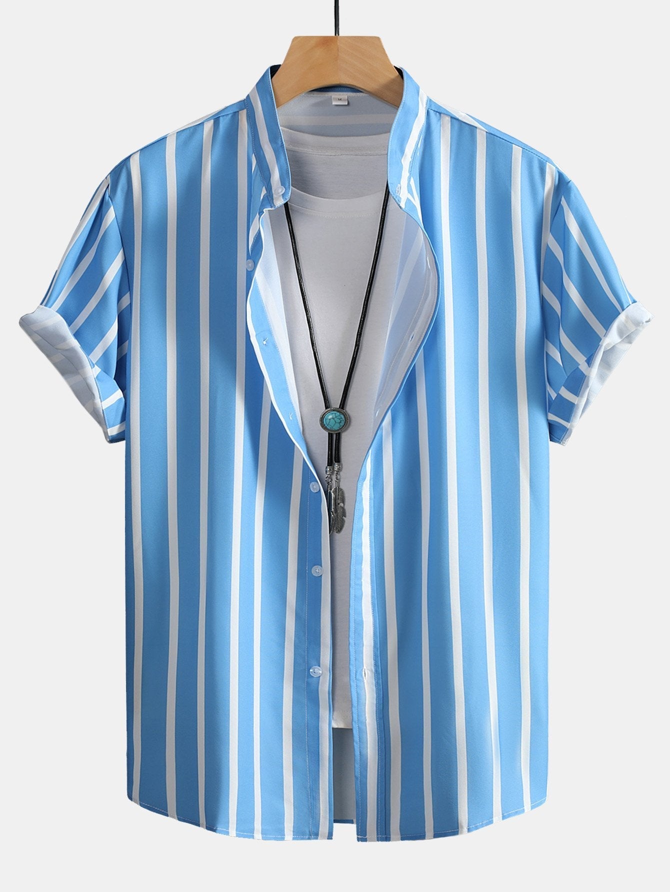 Striped Button Up Stand Collar Shirt & Man Mid Length Drawstring Swim Shorts