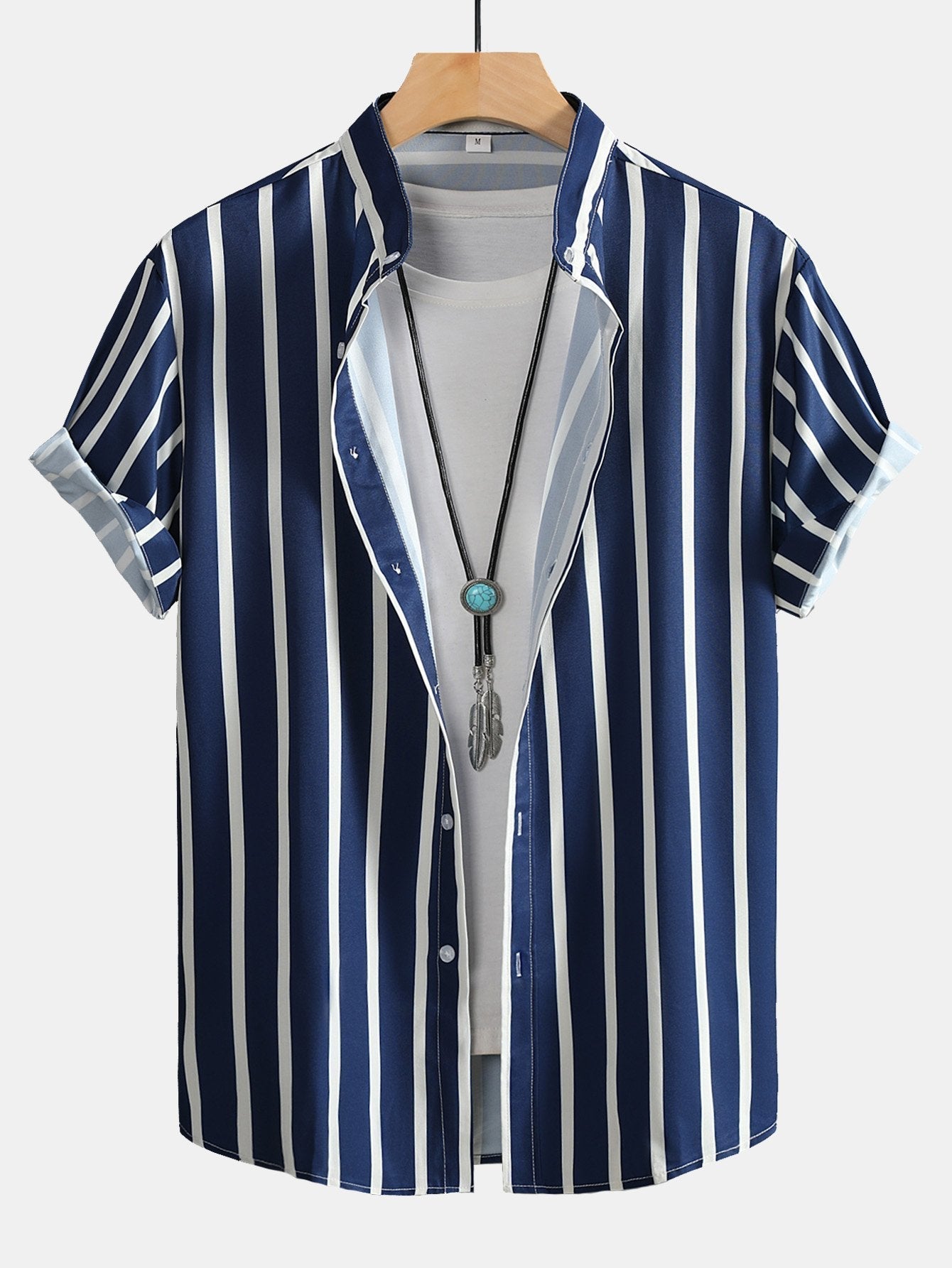 Striped Button Up Stand Collar Shirt & Man Mid Length Drawstring Swim Shorts