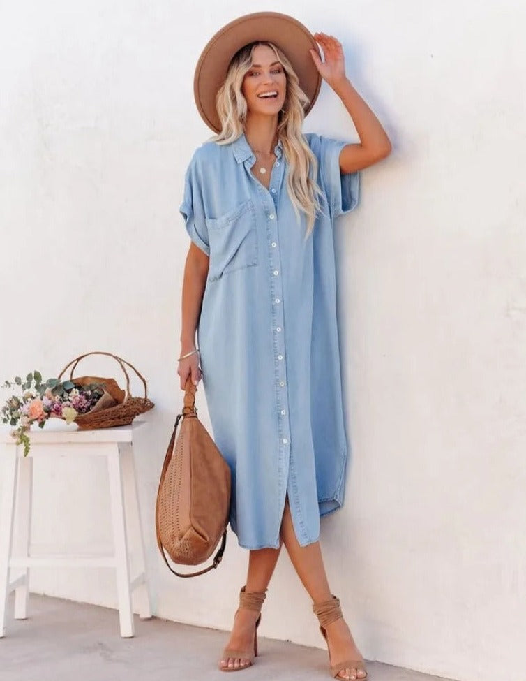 Short-sleeved denim shirt dress