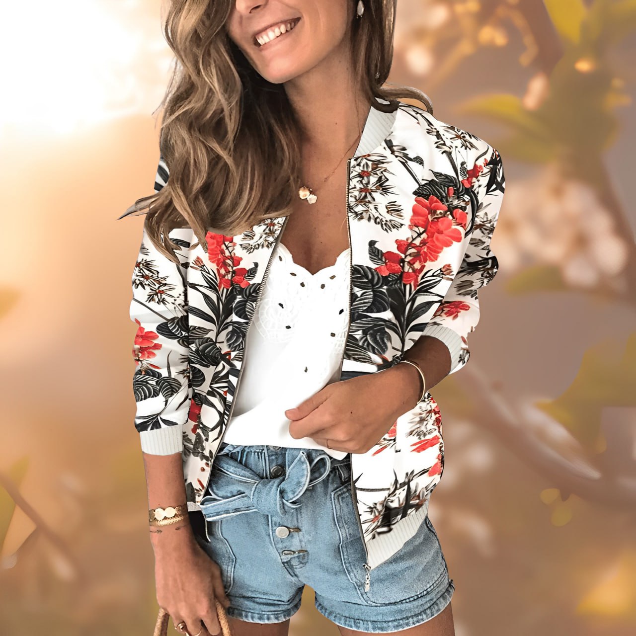 Women's Floral Jacket - Lightweight & Comfortable - Stylish Floral Design for Any Occasion - Trendy Outerwear