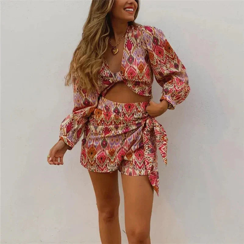 Crop blouse and wrap skirt shorts set