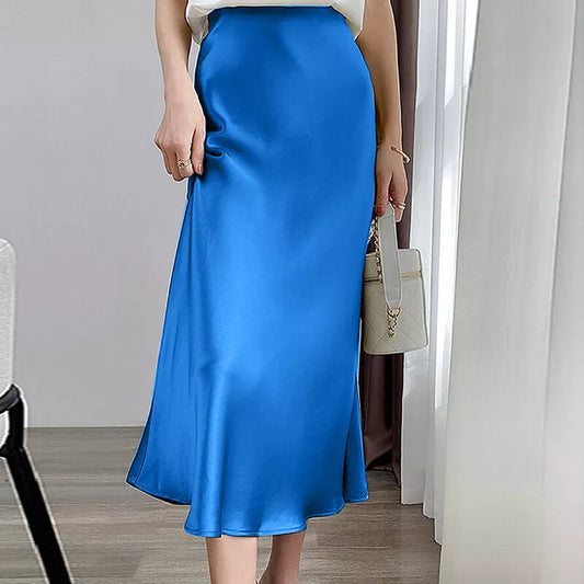 Women - A-line Skirt - Satin, High Waist - Elegant Satin A-line Skirt for Stylish Looks